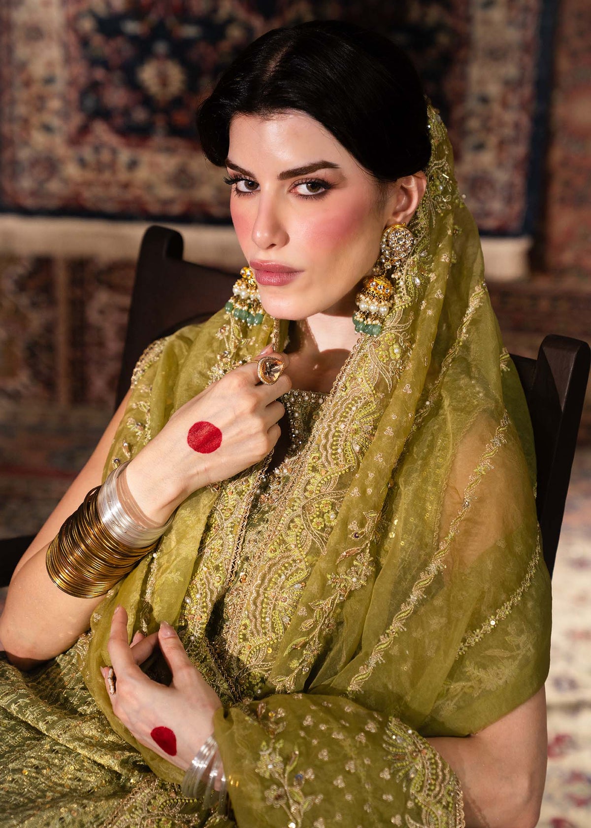 Meherbano olive green tilla work embellishment close-up - Kanwal Malik luxury pret