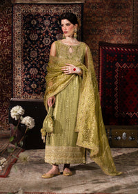 Meherbano olive green tissue ensemble front view - Kanwal Malik Shehnai Luxury Pret'26