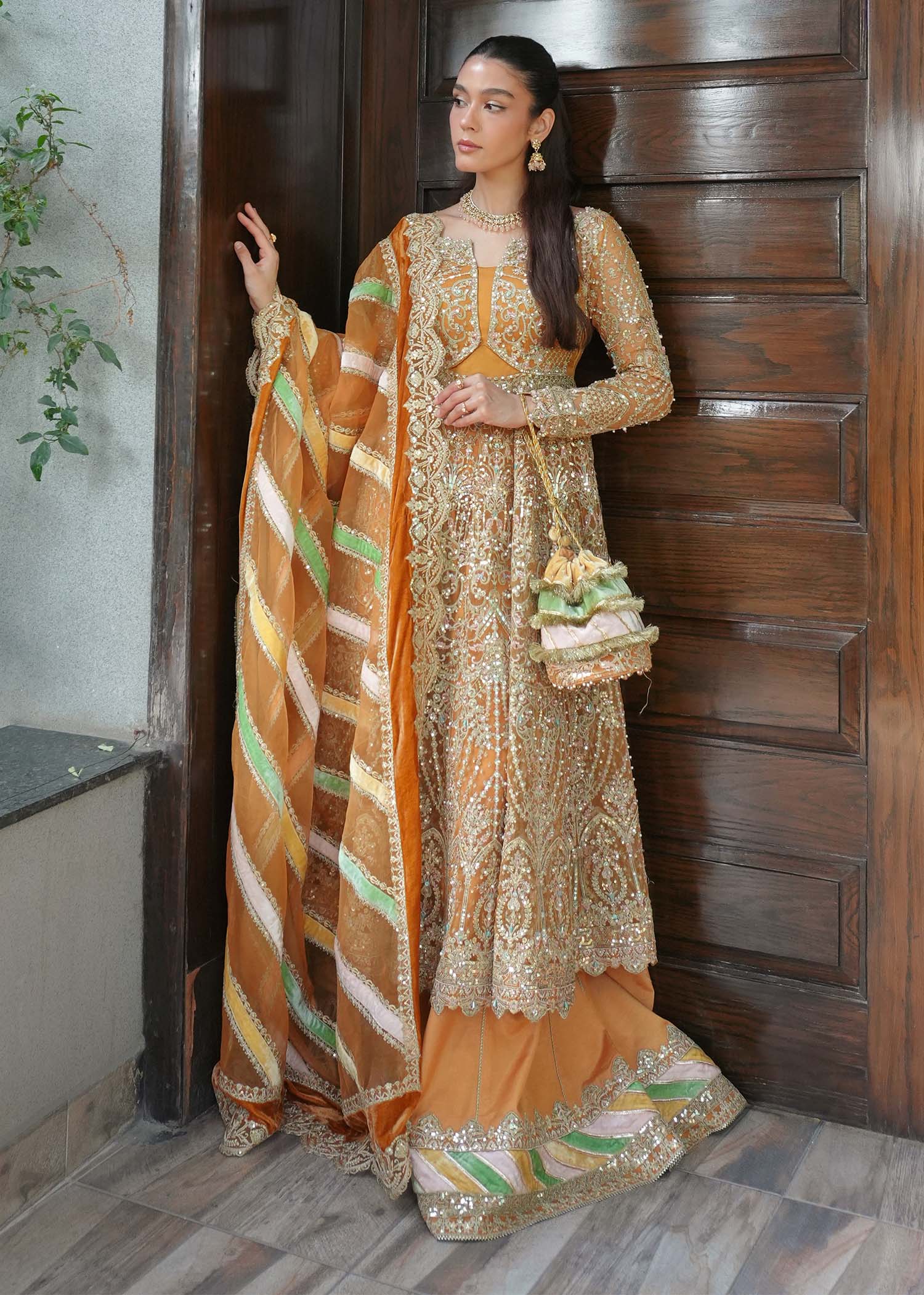 Merna rust light gold embroidery detail - Kanwal Malik