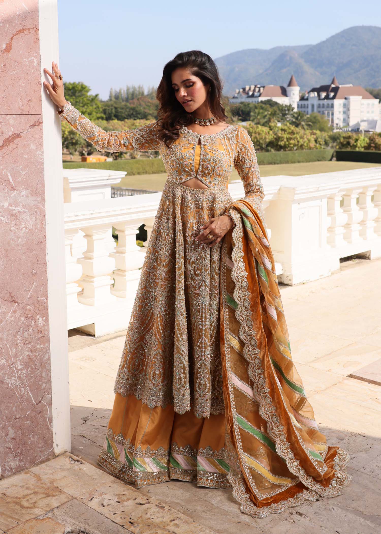Merna rust pashwas front view - Kanwal Malik