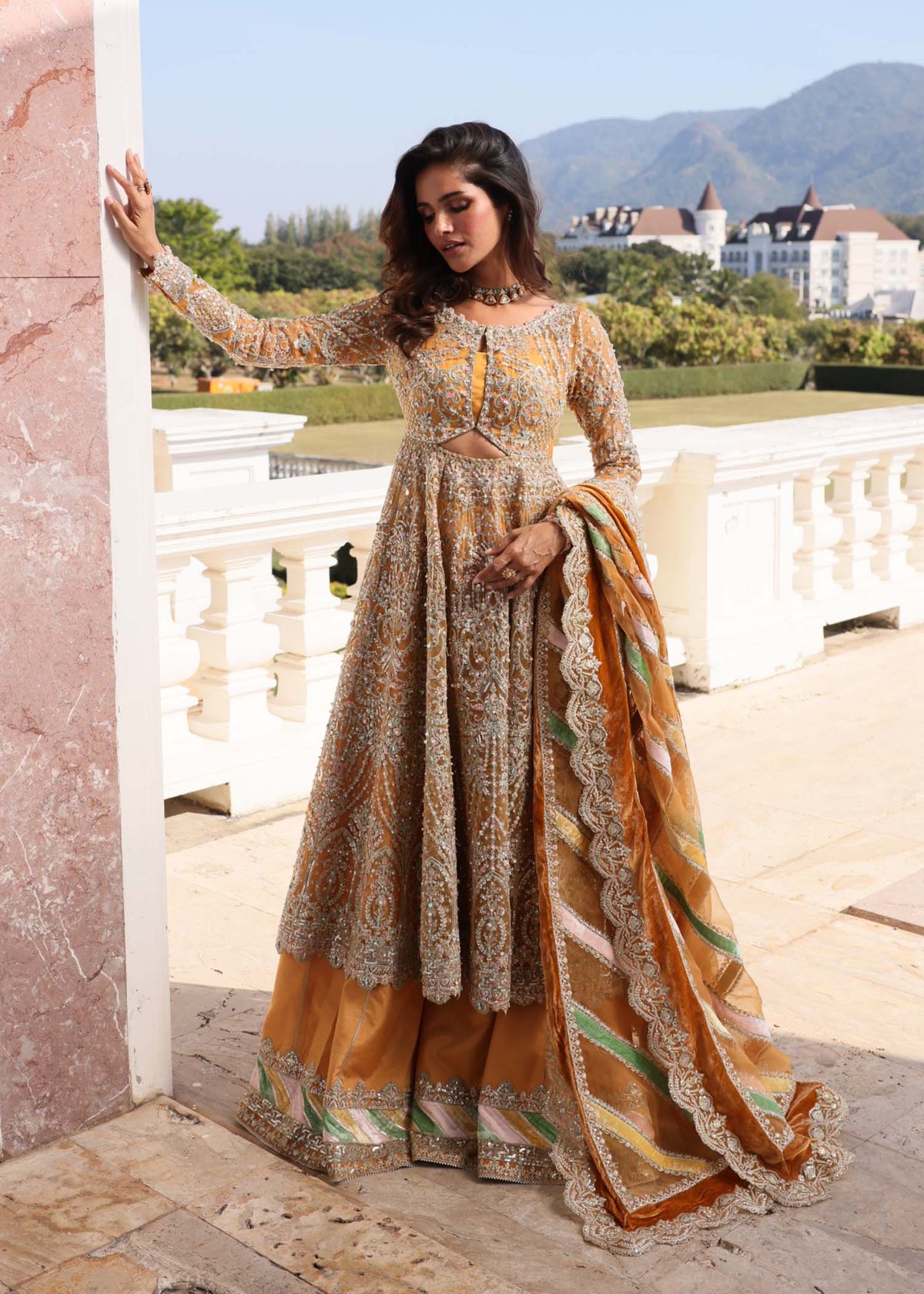 Merna rust pashwas front view - Kanwal Malik