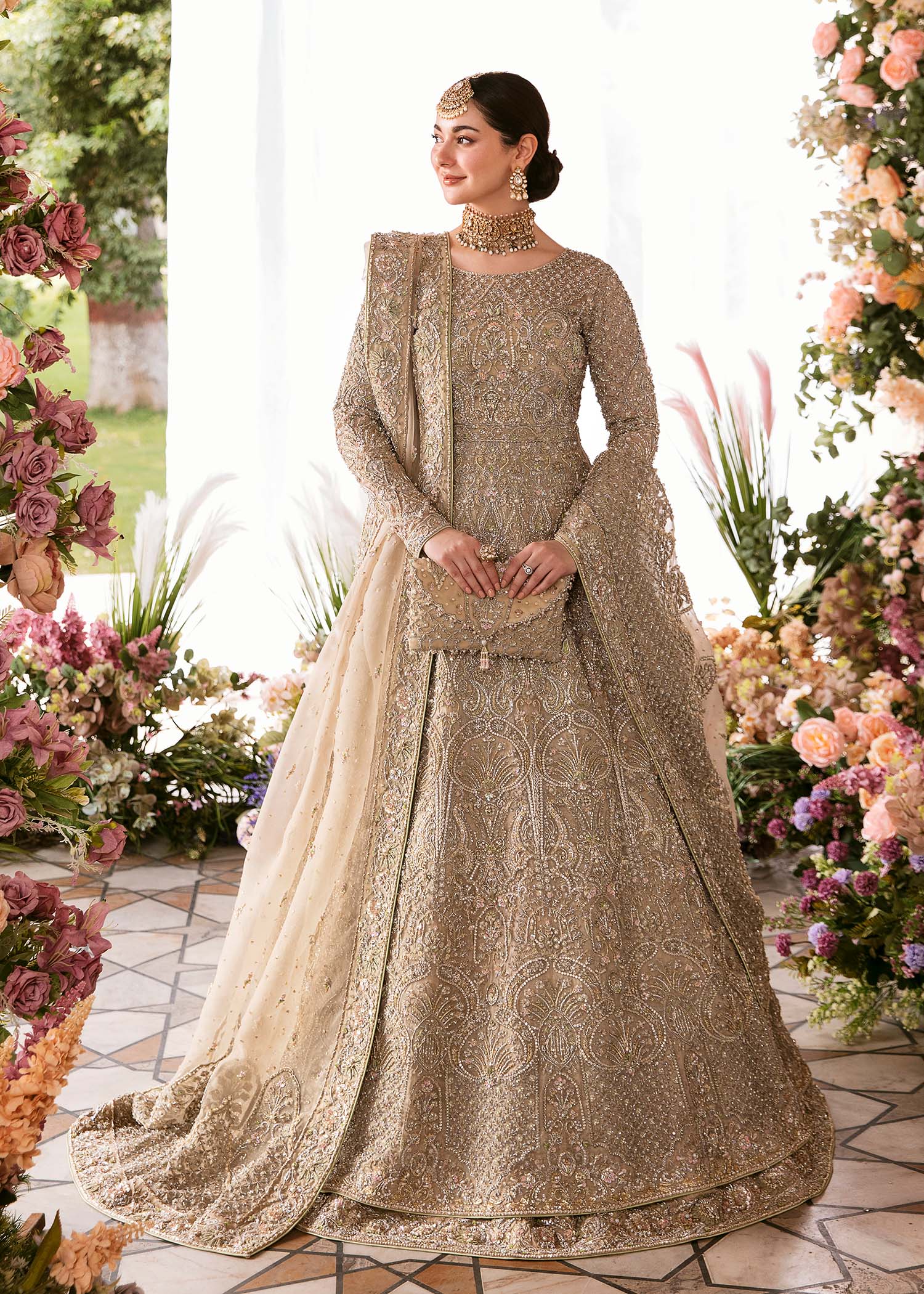 Minha nude bridal pishwas front view - Kanwal Malik bridal couture