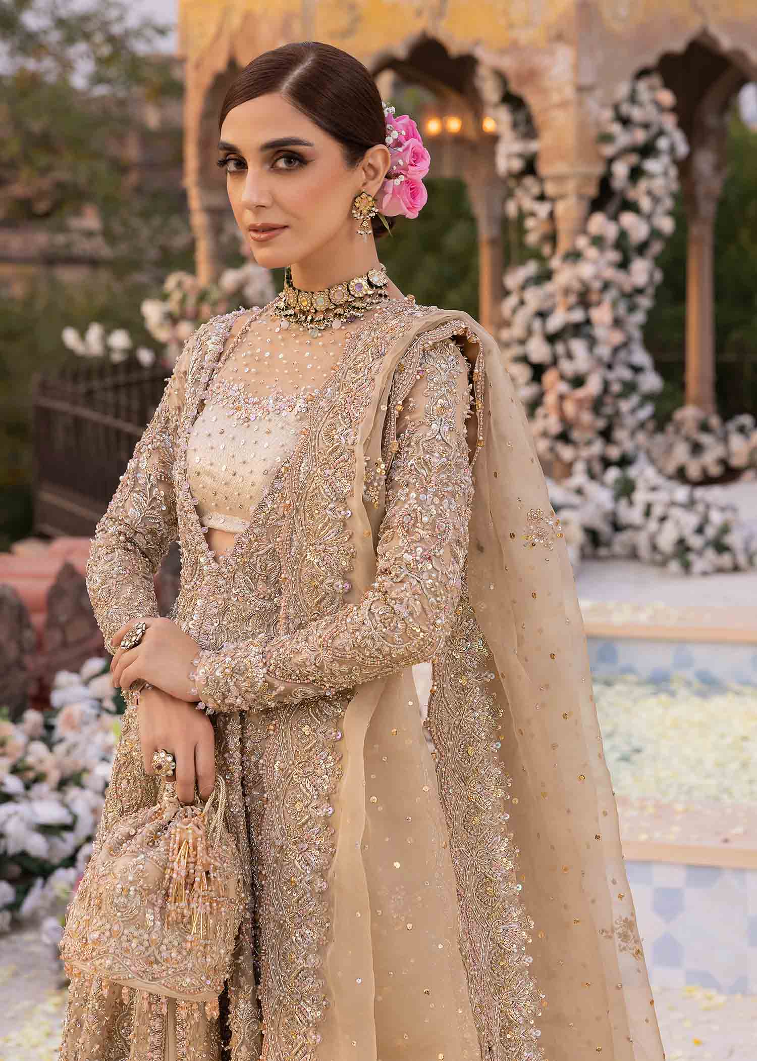 Mirani nude halter net bustier detail - Kanwal Malik bridal couture