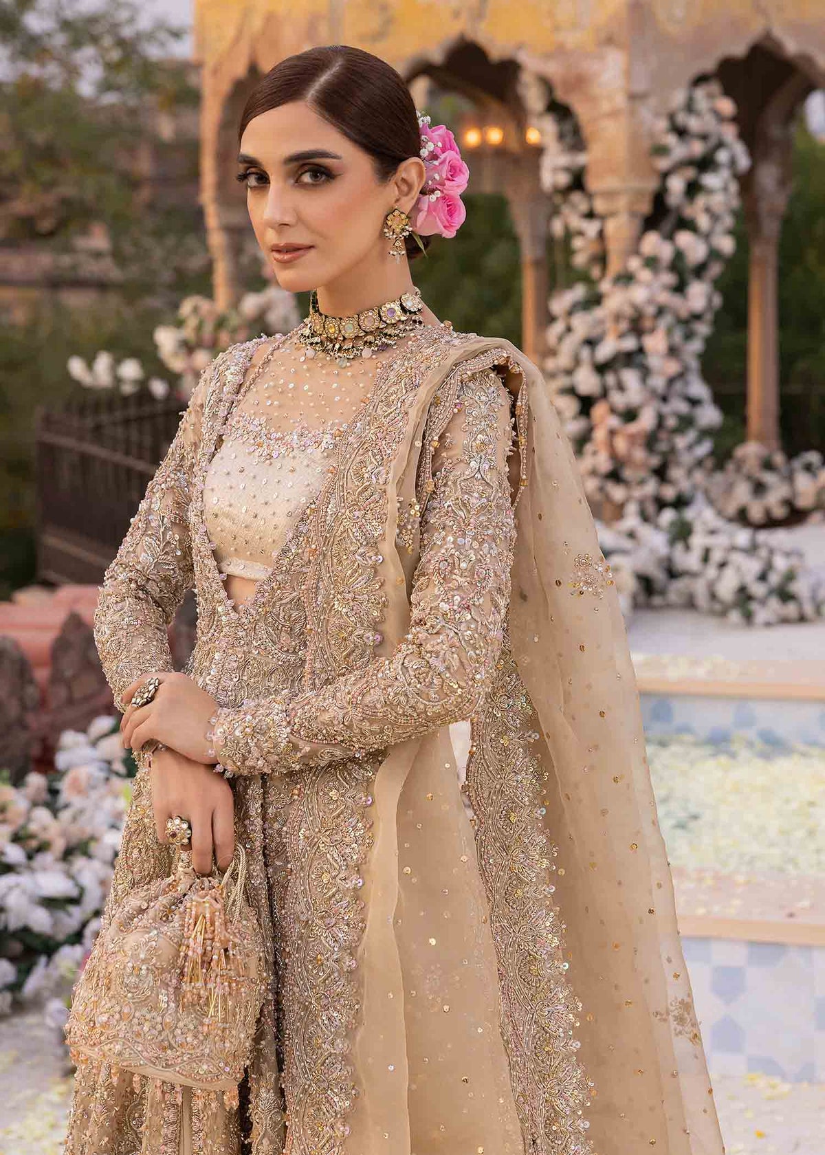 Mirani nude halter net bustier detail - Kanwal Malik bridal couture