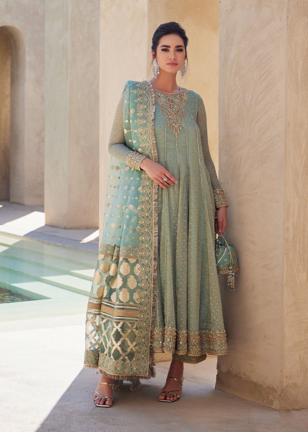 Mist mint green masoori pishwas front view - Kanwal Malik