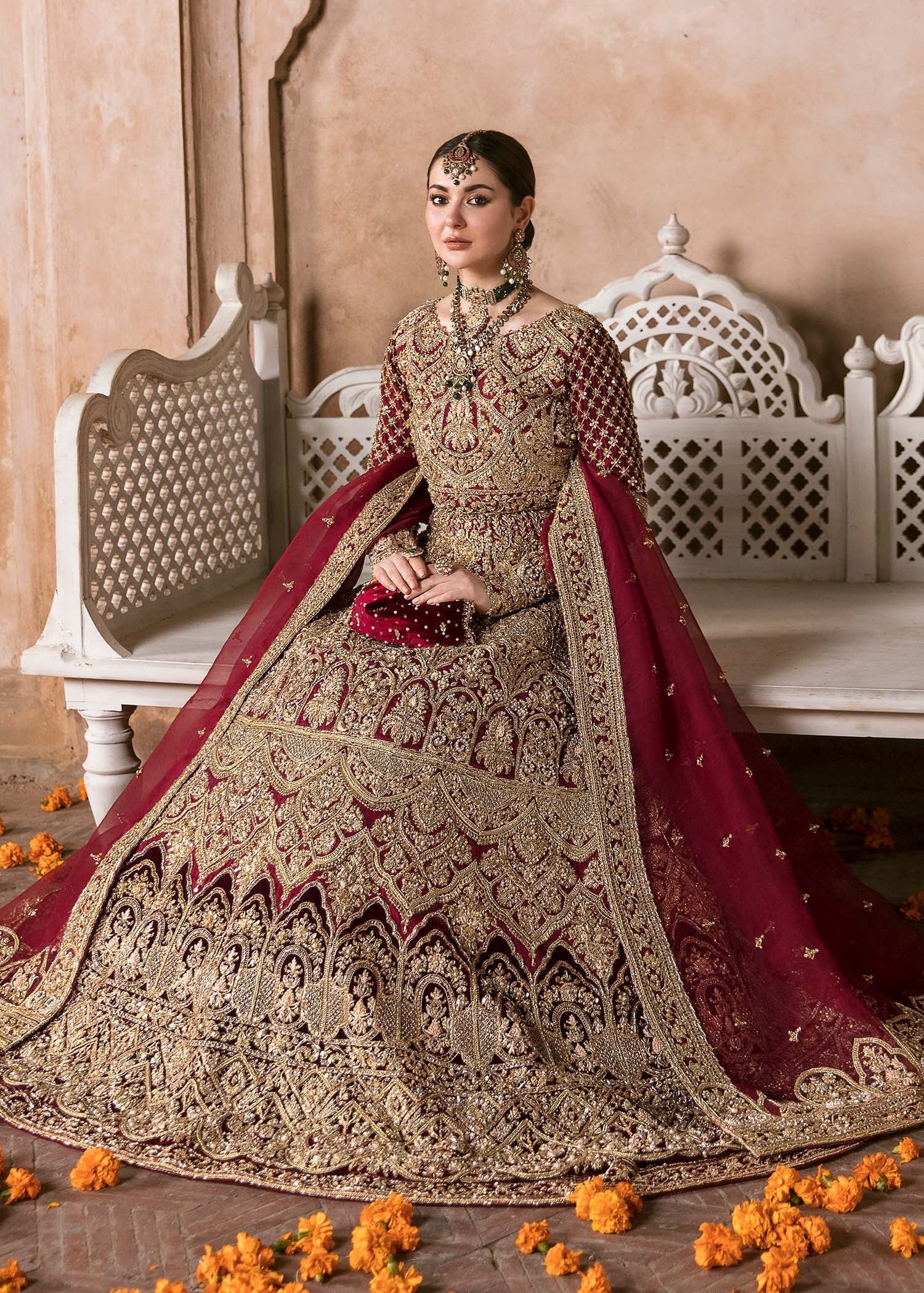 Muntaha deep red hand-embellished bodice detail - Kanwal Malik bridal couture