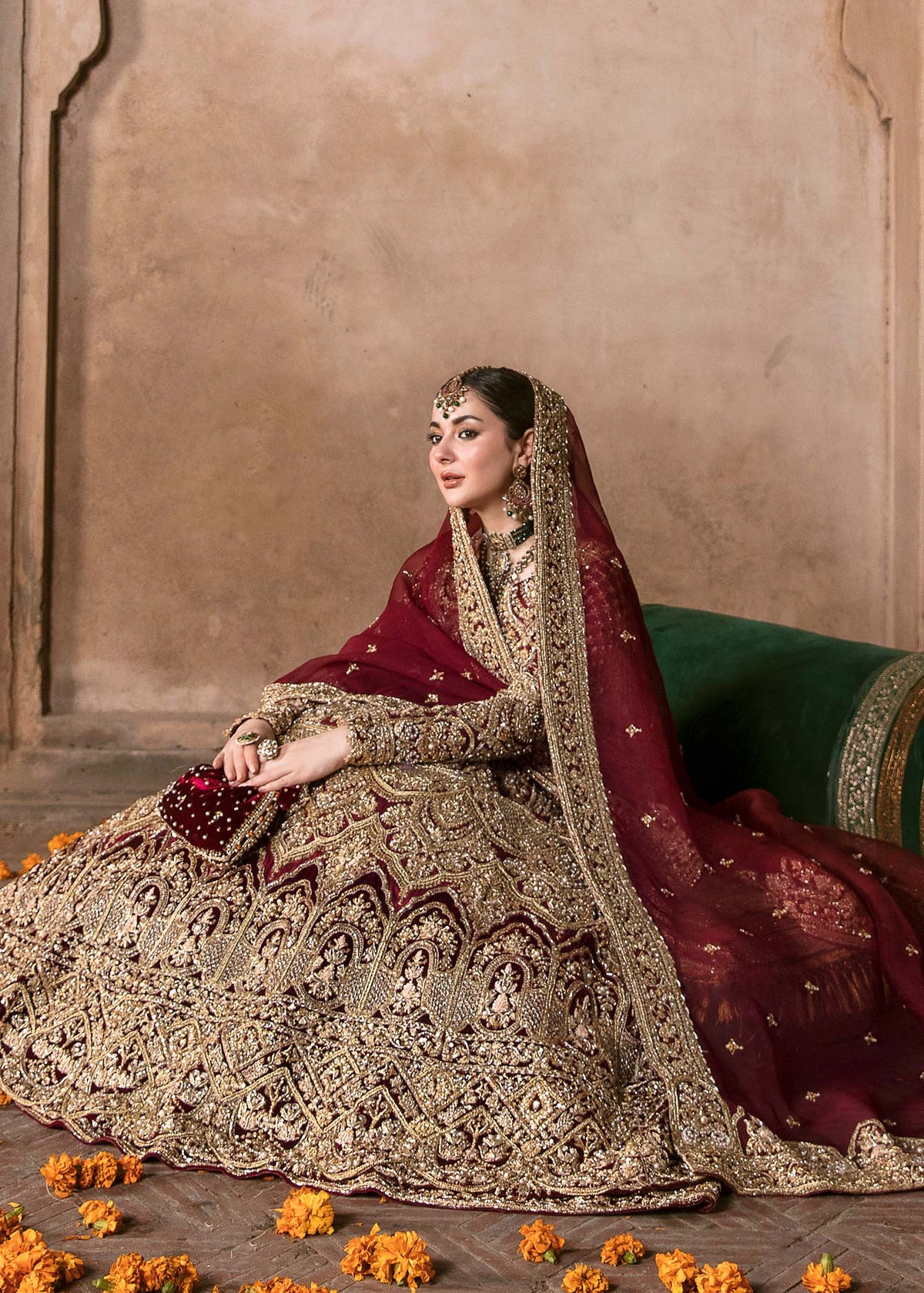 Muntaha deep red lehanga border detail - Kanwal Malik bridal couture