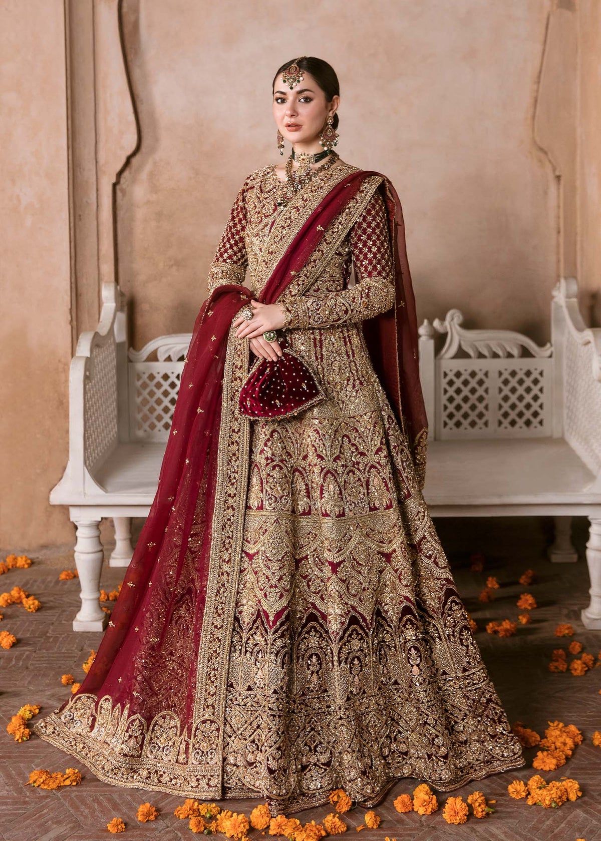 Muntaha deep red Korean silk pishwas front view - Kanwal Malik bridal couture