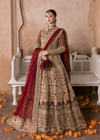 Muntaha deep red Korean silk pishwas front view - Kanwal Malik bridal couture
