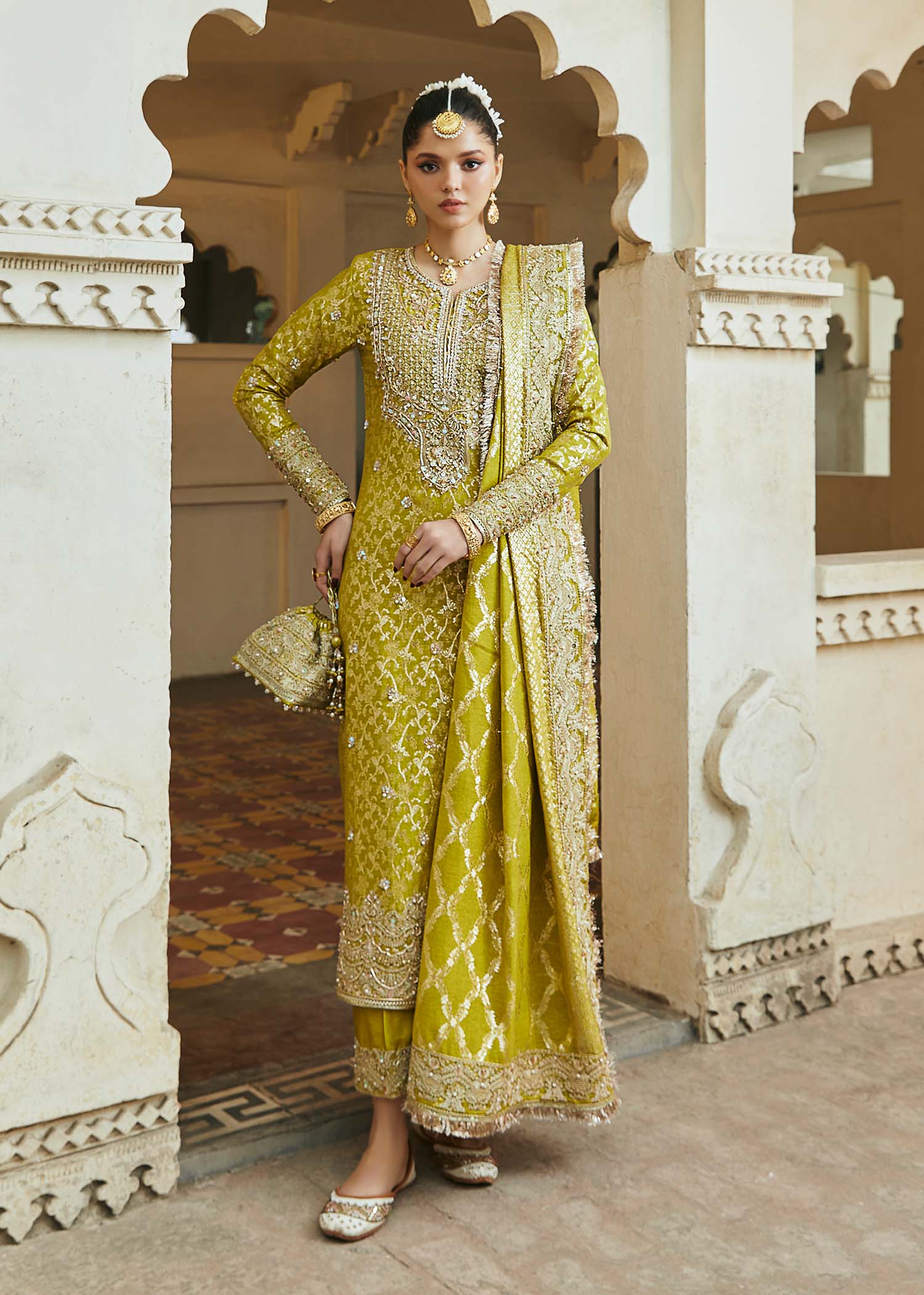 Mushq parrot green zari jamawar shirt front view - Kanwal Malik luxury pret