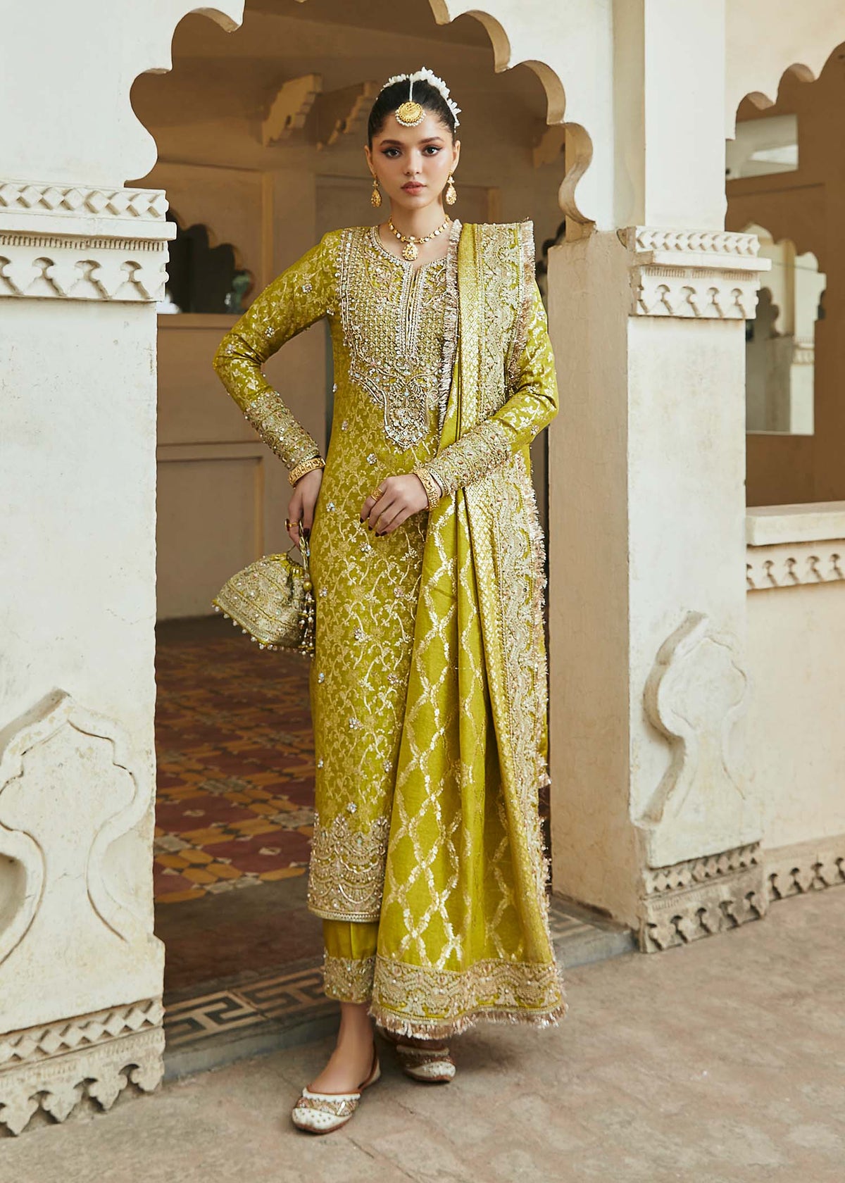 Mushq parrot green zari jamawar shirt front view - Kanwal Malik luxury pret
