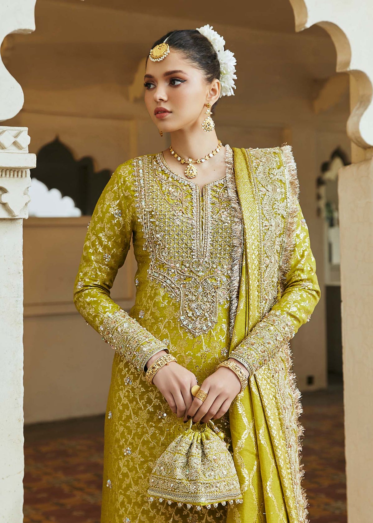 Mushq parrot green styled look - Kanwal Malik luxury pret