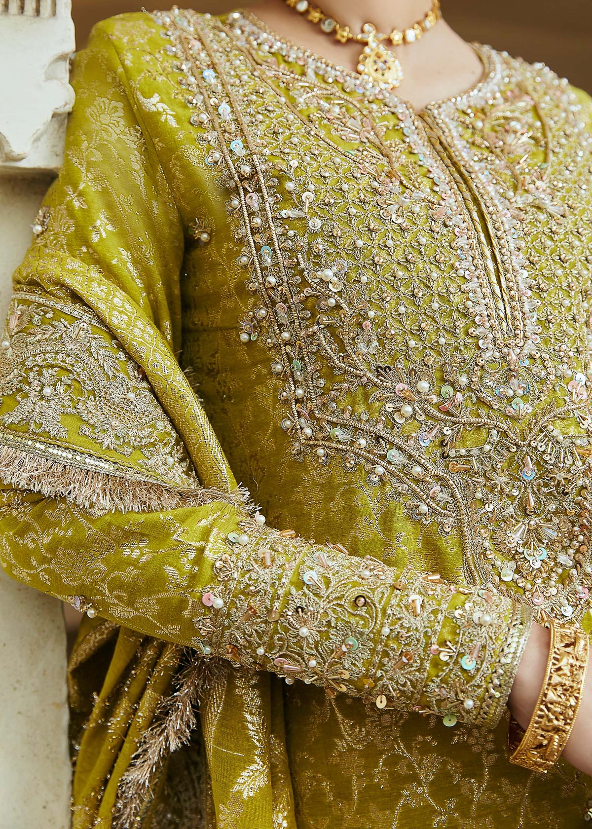 Mushq parrot green culotte trouser detail - Kanwal Malik luxury pret