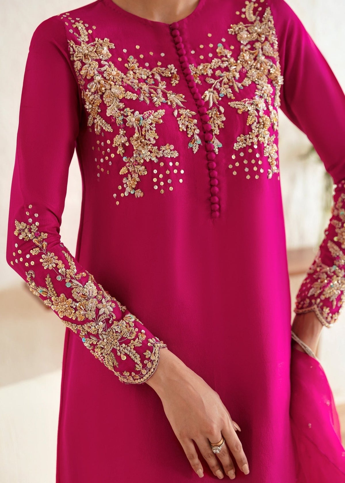 Myra shocking pink cigarette pants detail - Kanwal Malik luxury pret