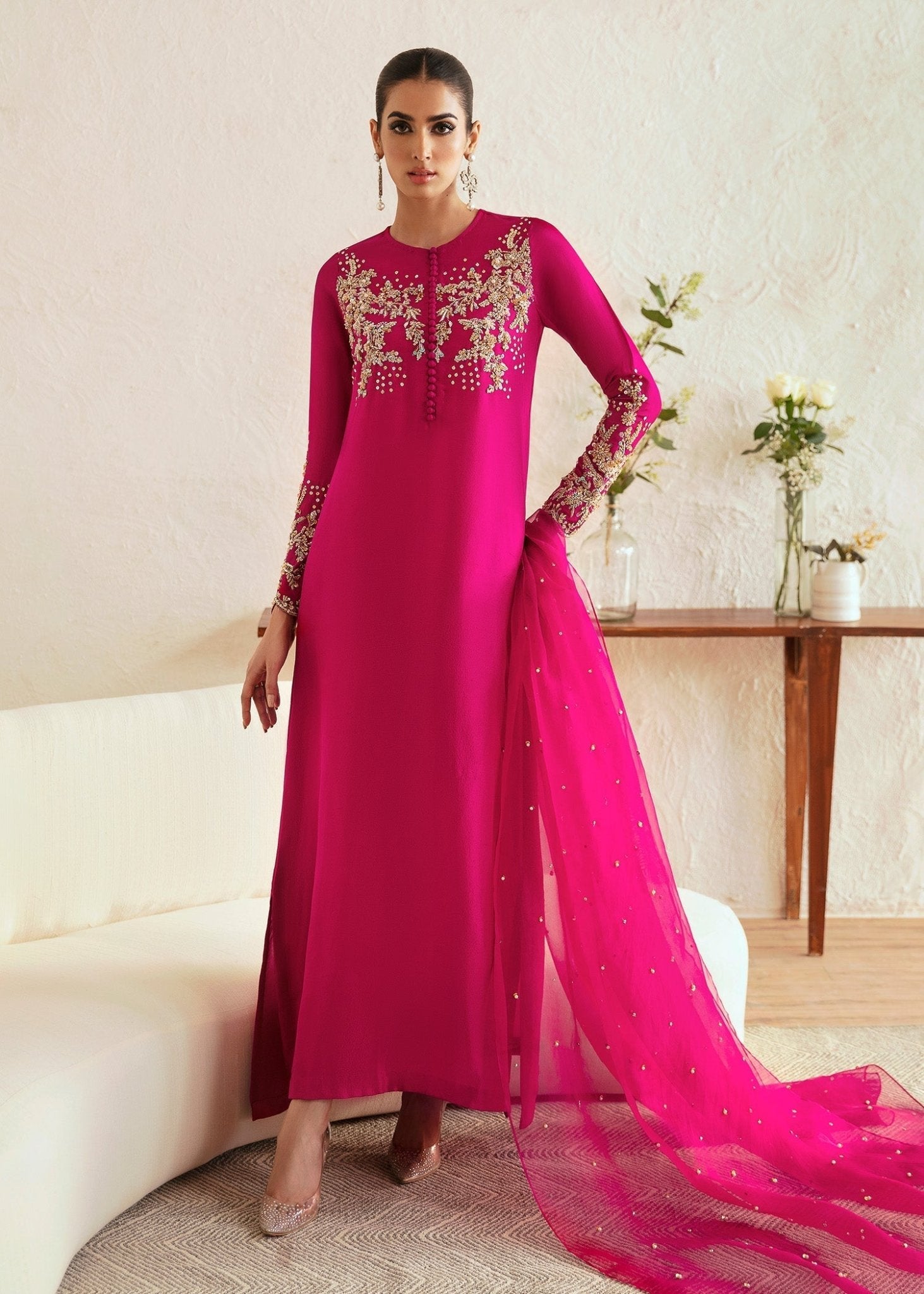 Myra shocking pink raw silk shirt front view - Kanwal Malik luxury pret