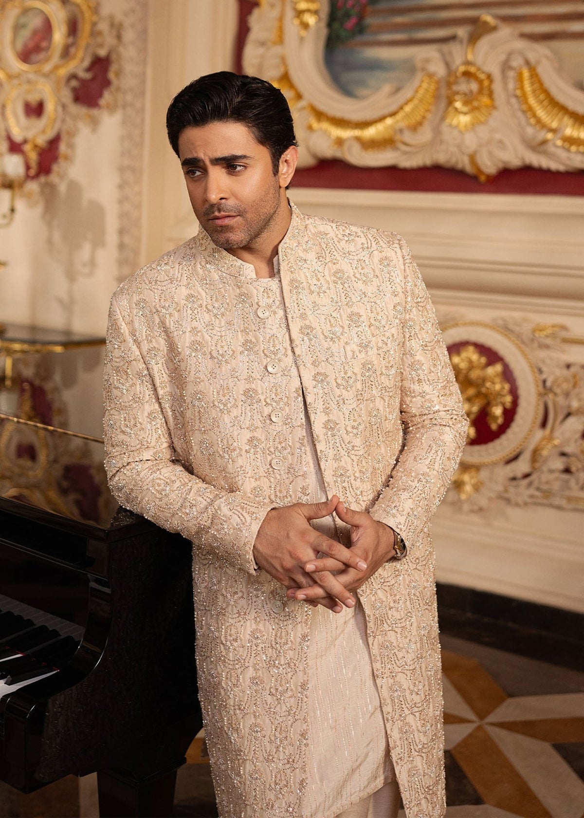 Nahil rose gold embroidery embellishment detail - Kanwal Malik menswear