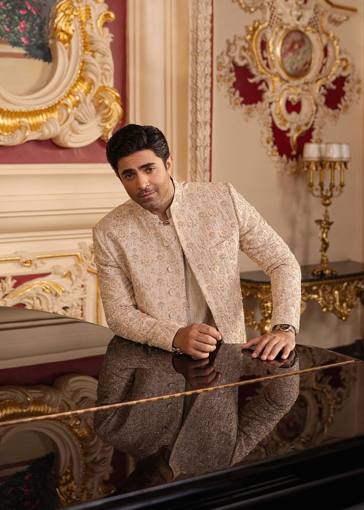 Nahil rose gold kurta detail - Kanwal Malik menswear