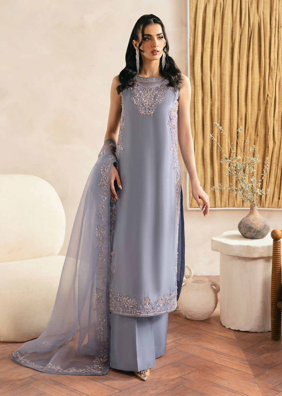 Natalia grey raw silk shirt front view - Kanwal Malik luxury pret