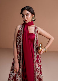 Naura ruby red charmeuse drape detail - Kanwal Malik