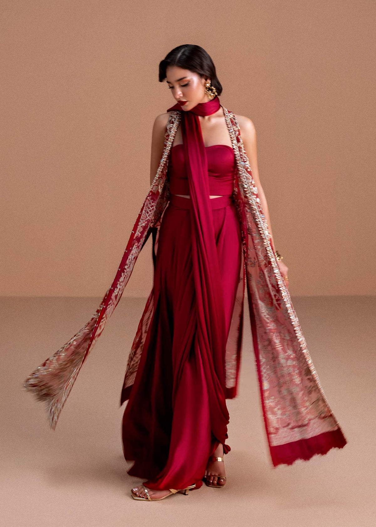 Naura ruby red full ensemble view - Kanwal Malik