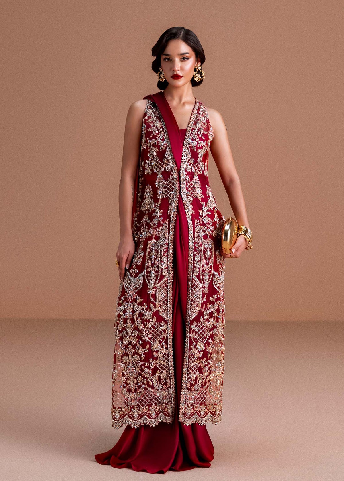 Naura ruby red saree dress front view - Kanwal Malik