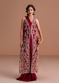 Naura ruby red saree dress front view - Kanwal Malik