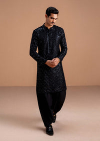 Nayal ink black Korean silk kurta front view - Kanwal Malik