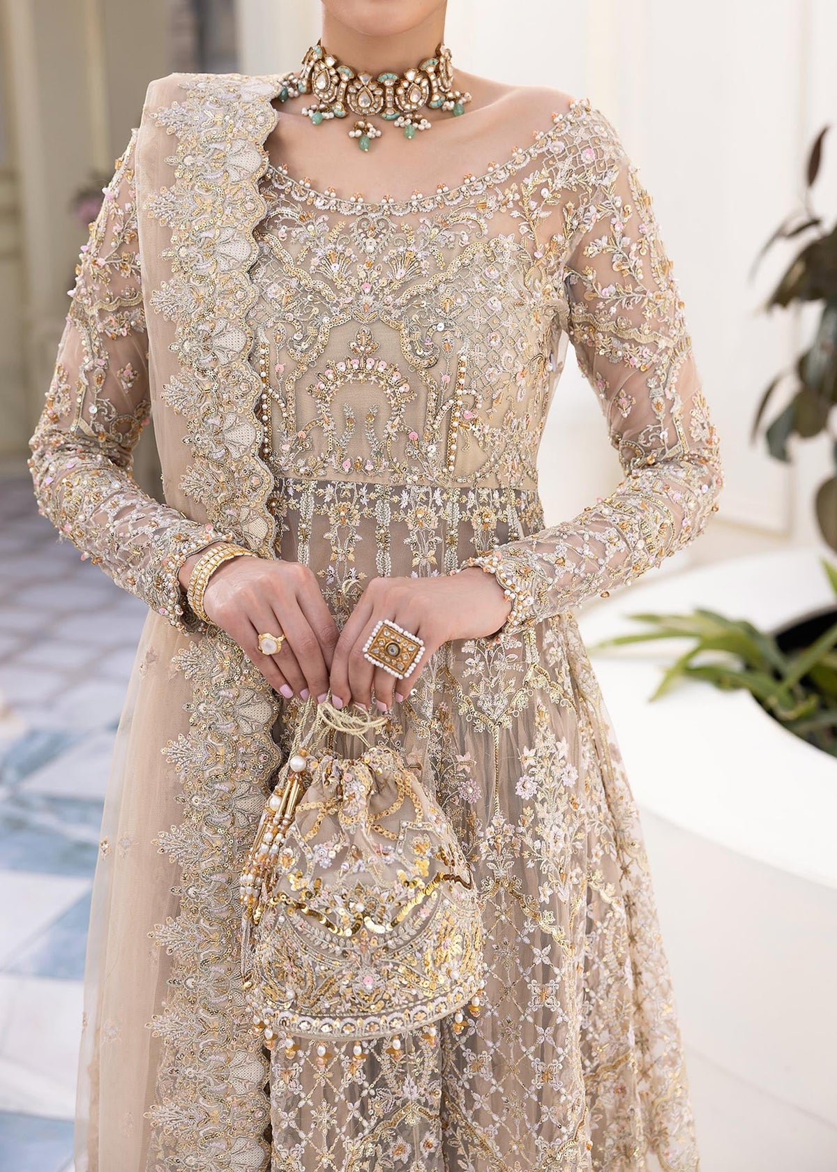 Nia nude crushed trouser detail - Kanwal Malik luxury pret