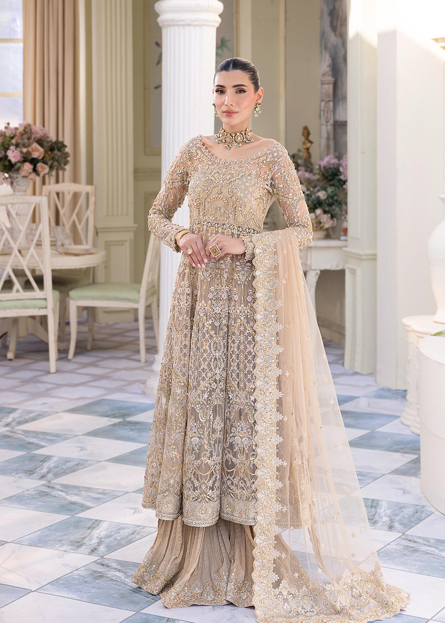 Nia nude net peshwas front view - Kanwal Malik luxury pret