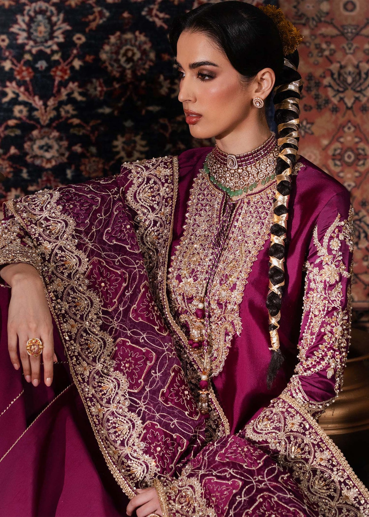 Nilofer plum dupatta laser-cut border embroidery - Kanwal Malik luxury pret