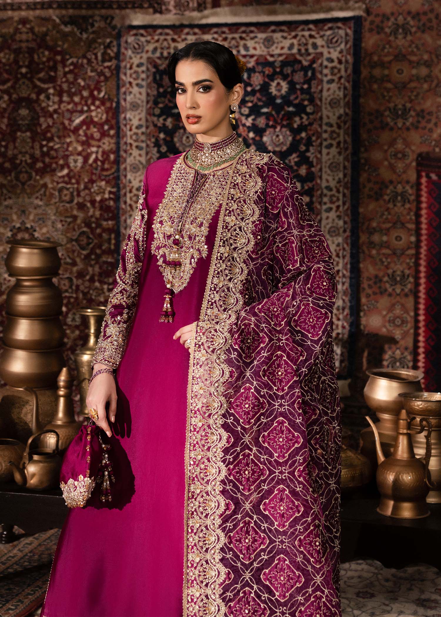 Nilofer plum pishwas embroidered neckline detail - Kanwal Malik Shehnai Luxury Pret'26
