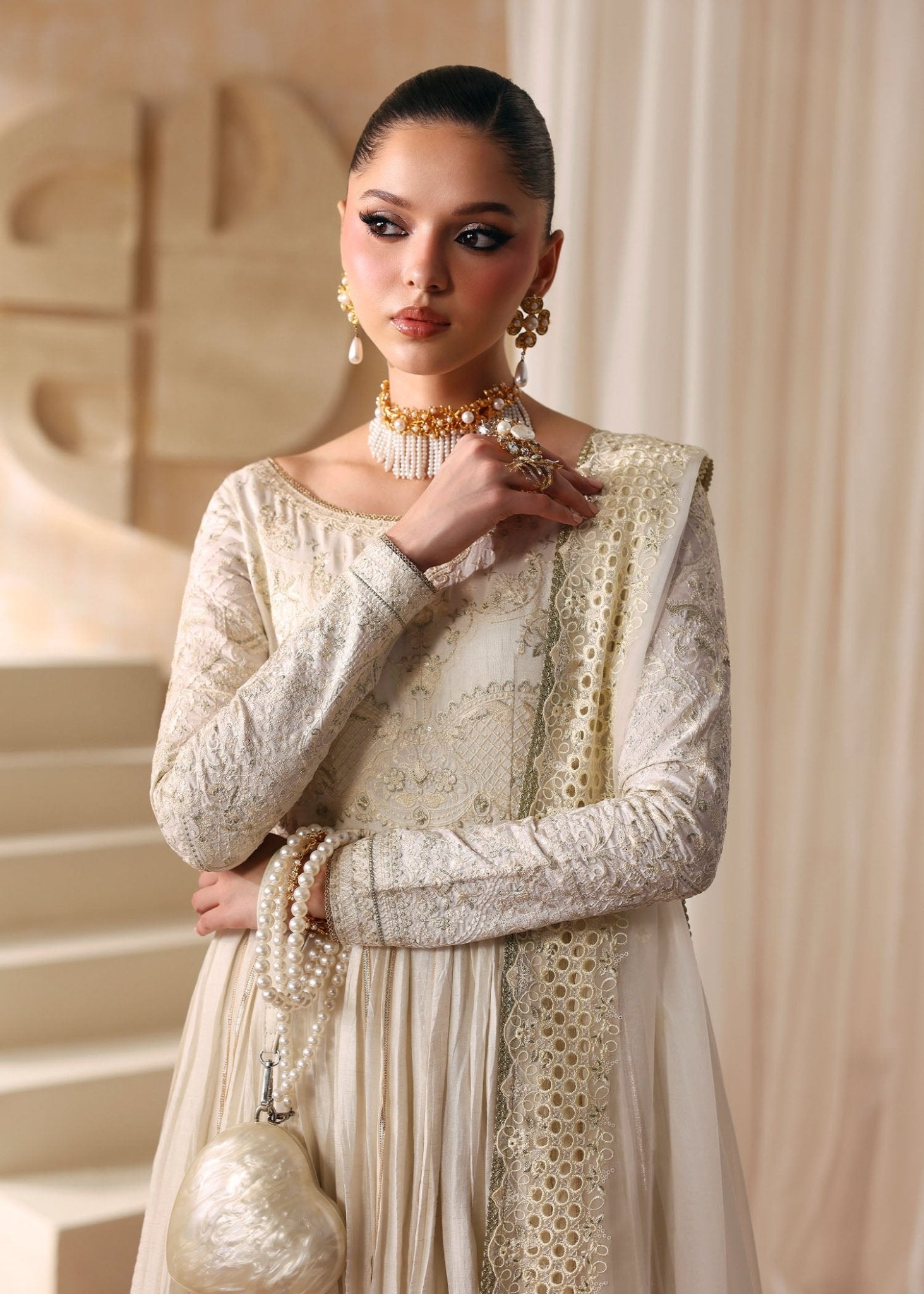 Nira ivory schiffli cutwork embroidery detail - Kanwal Malik luxury pret