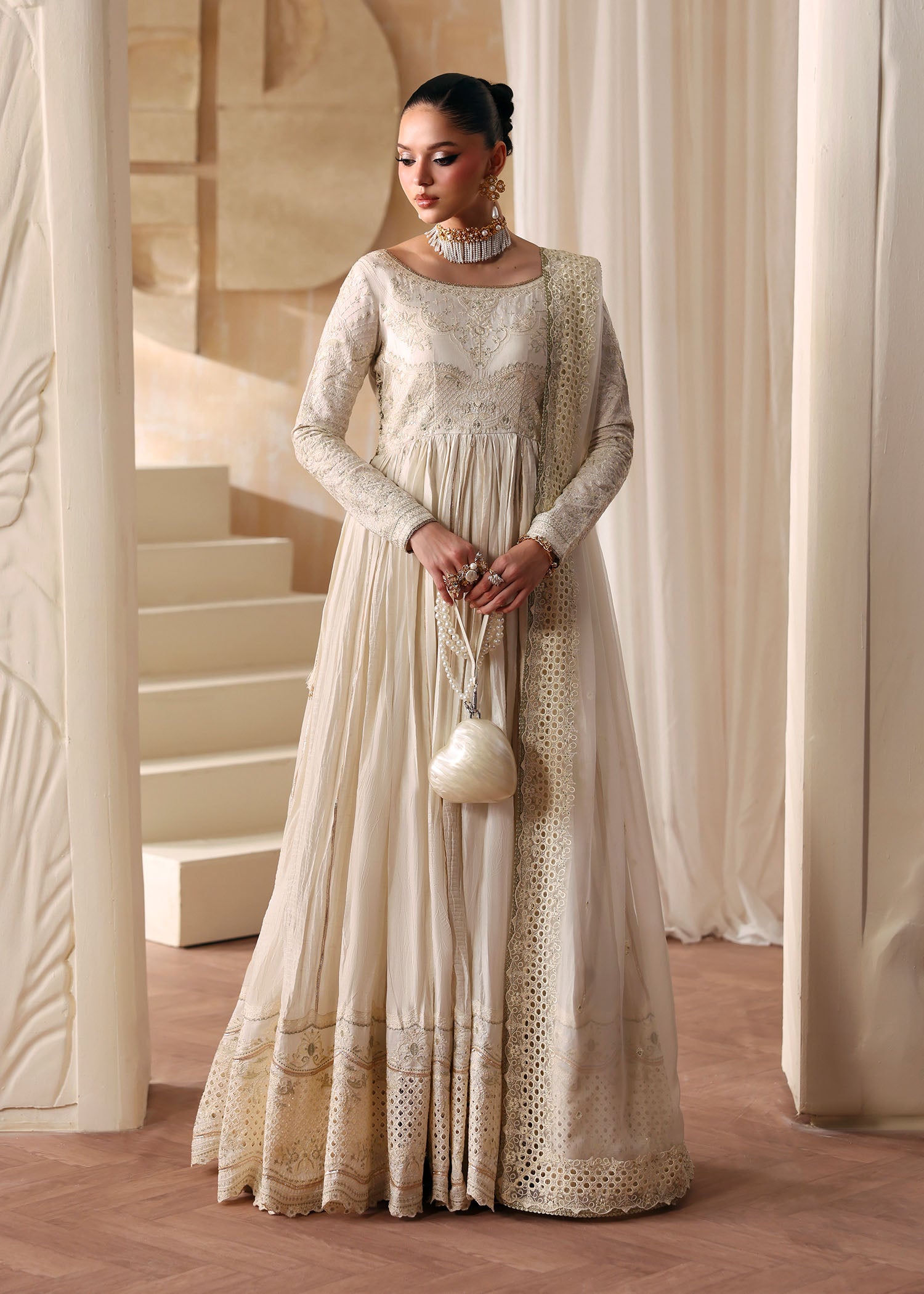 Nira ivory Korean silk peshwas front view - Kanwal Malik luxury pret