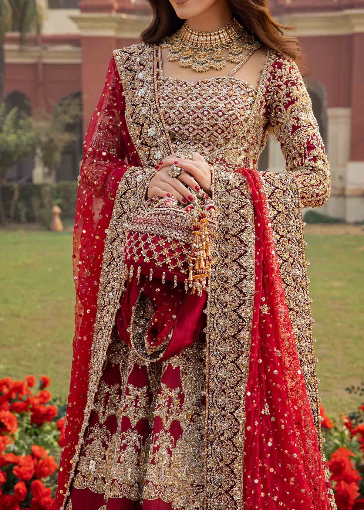Nisa deep red bridal back view - Kanwal Malik bridal couture