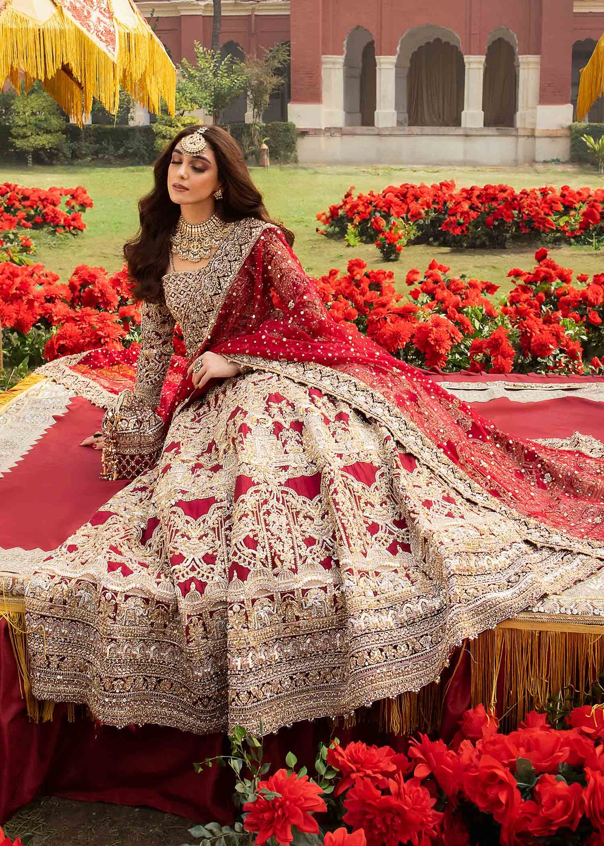 Nisa deep red organza dupatta detail - Kanwal Malik bridal couture