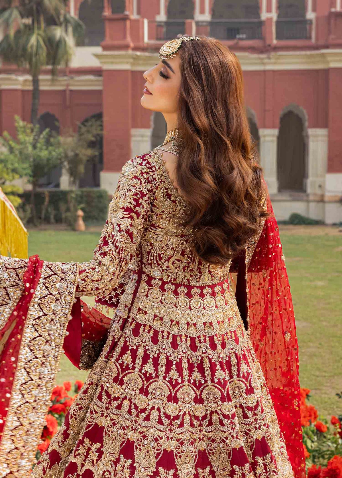 Nisa deep red bridal full ensemble view - Kanwal Malik bridal couture
