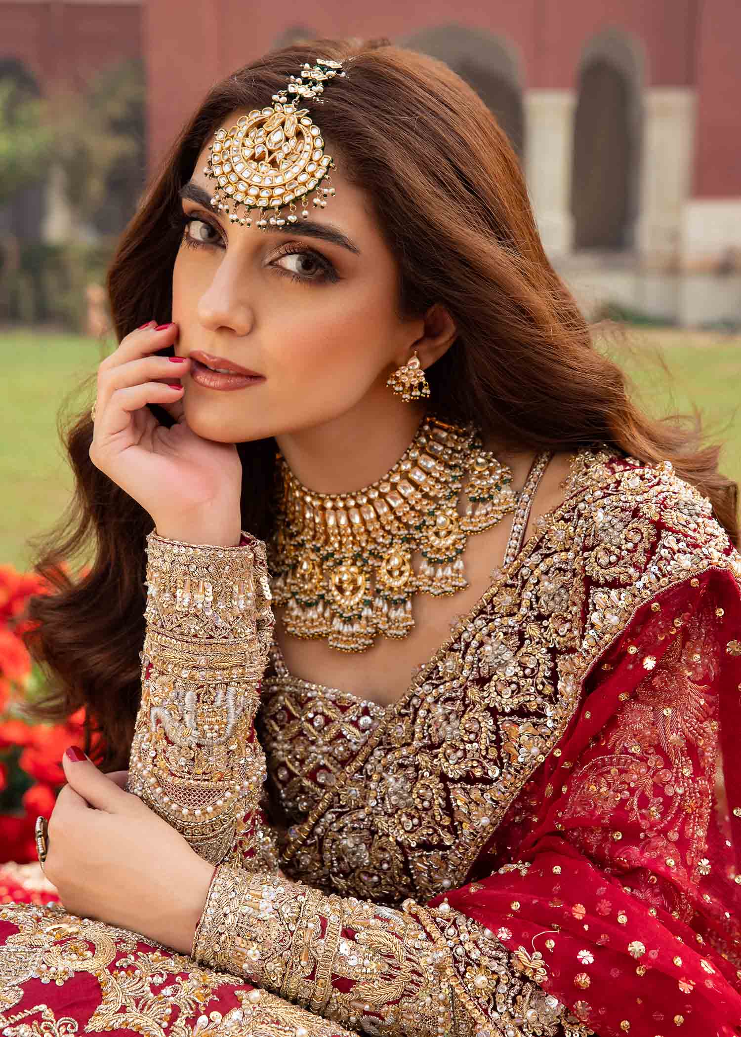 Nisa deep red raw silk lehanga detail - Kanwal Malik bridal couture