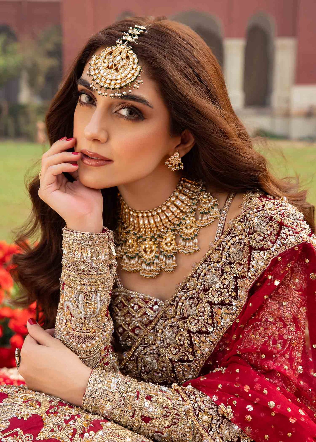 Nisa deep red raw silk lehanga detail - Kanwal Malik bridal couture
