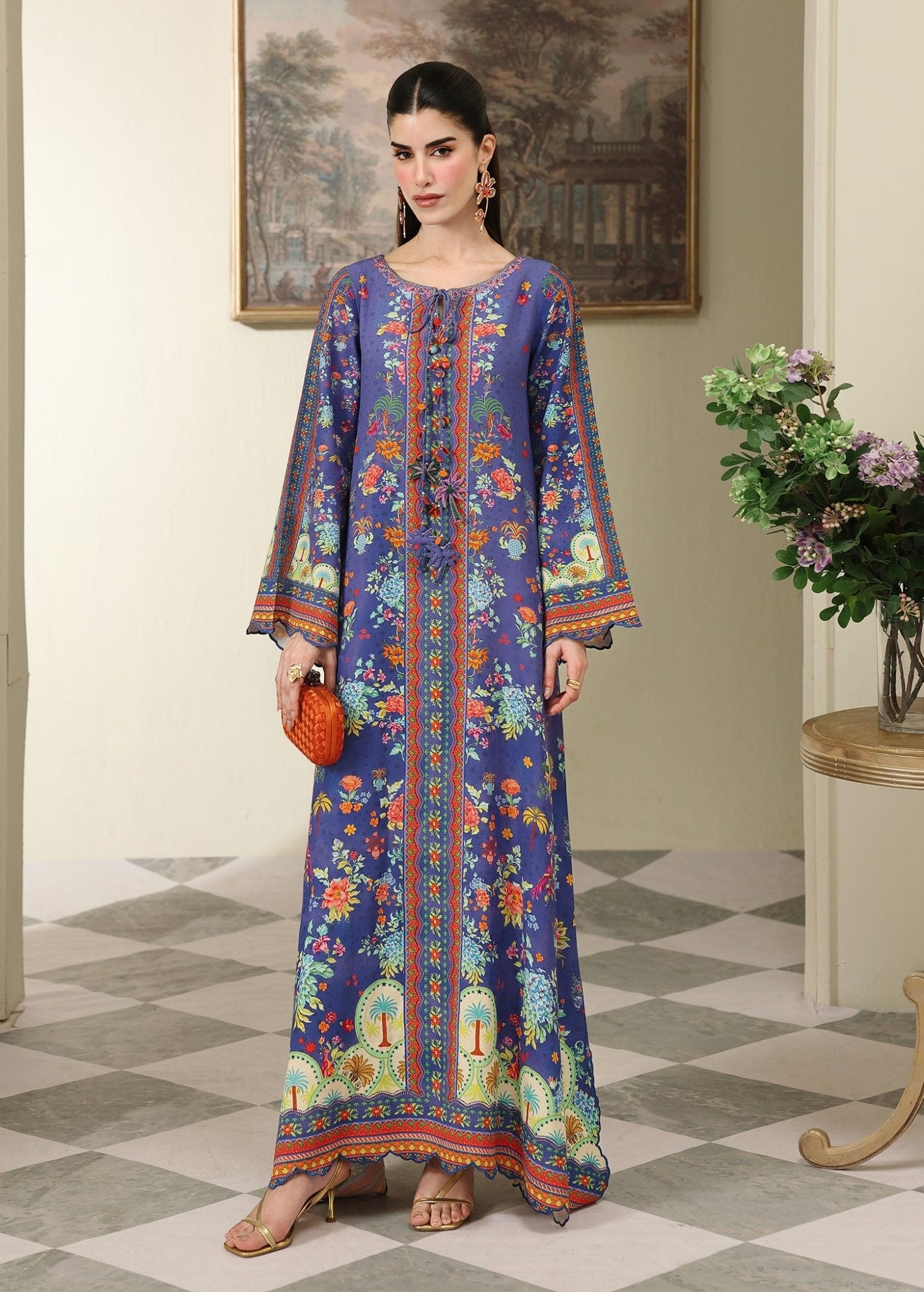 Noire dark blue printed kaftan front view - Kanwal Malik