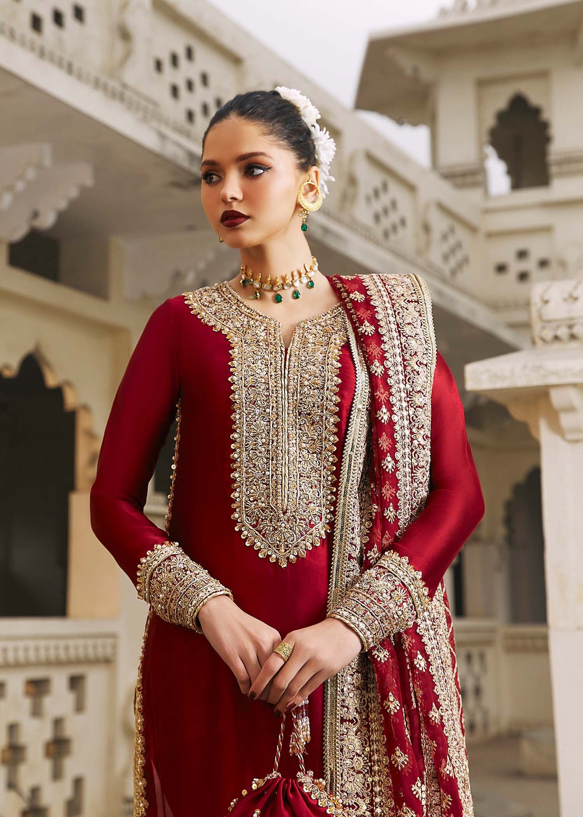 Noreen berry red embroidered border detail - Kanwal Malik luxury pret