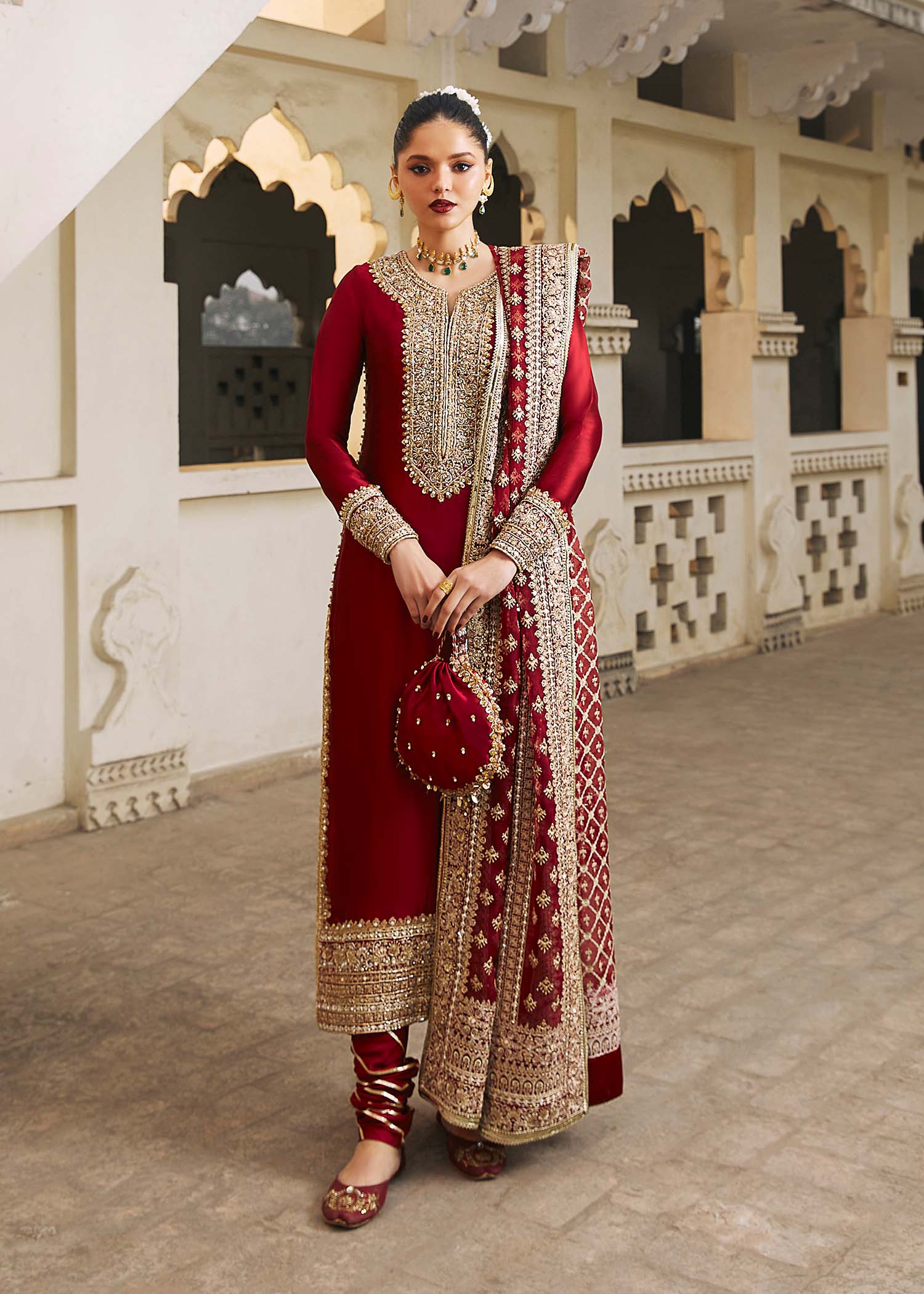 Noreen berry red tissue silk shirt front view - Kanwal Malik luxury pret
