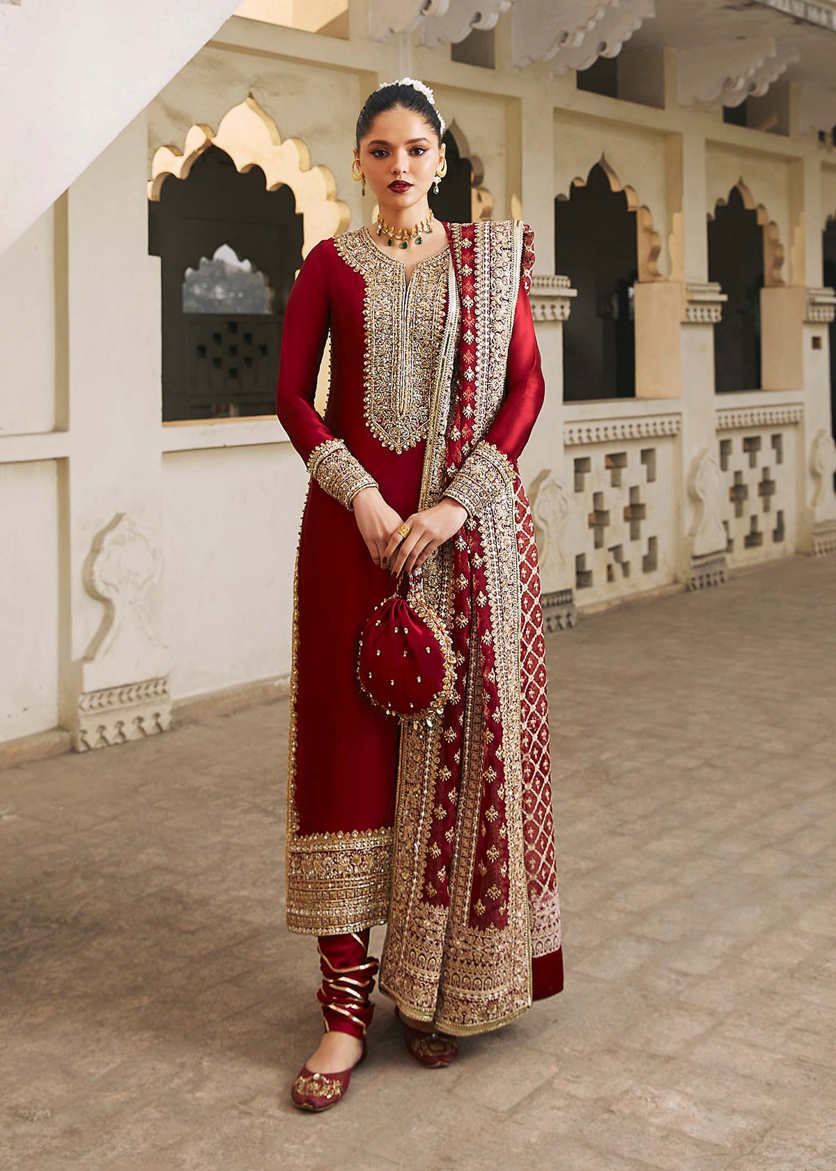 Noreen berry red tissue silk shirt front view - Kanwal Malik luxury pret