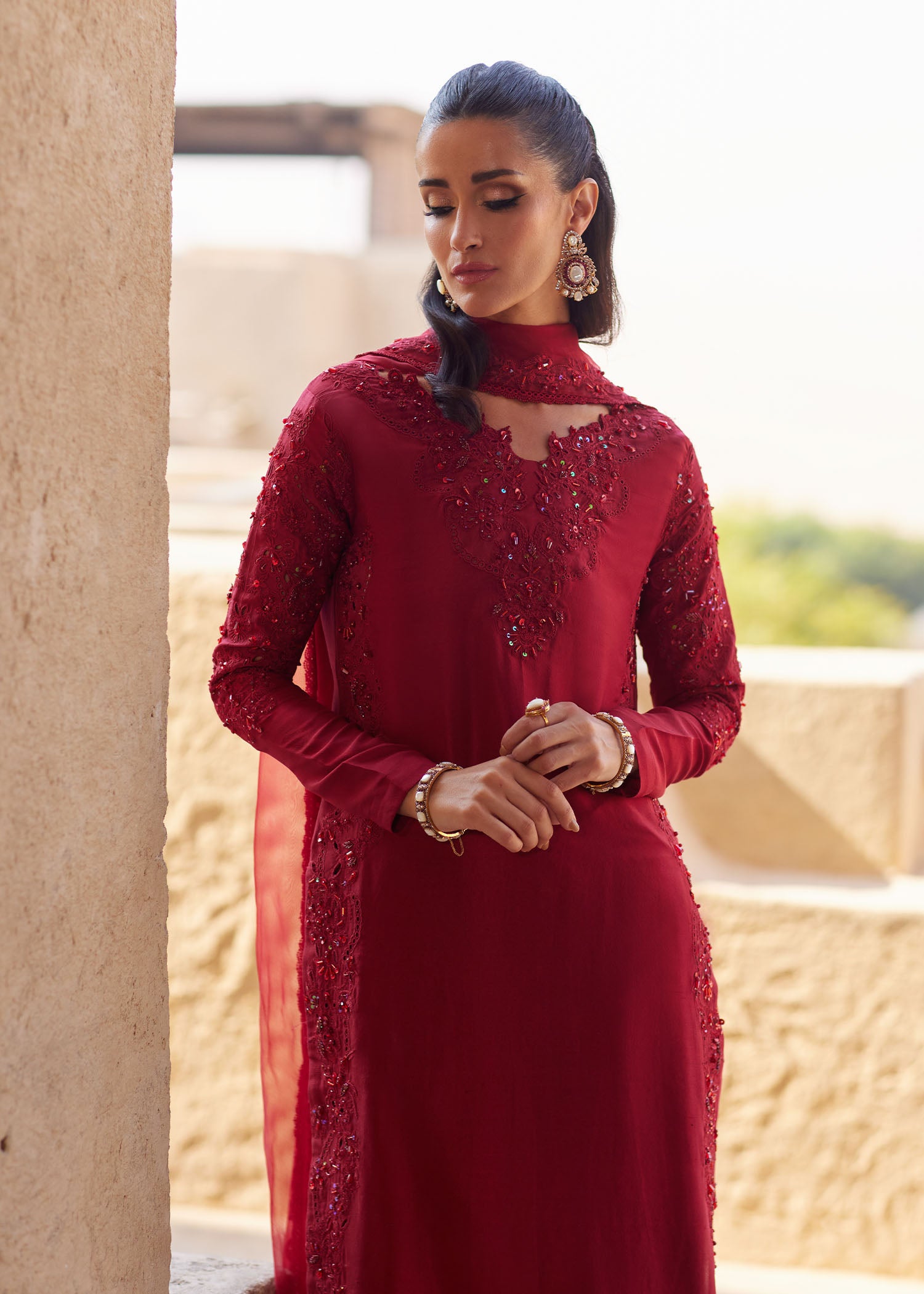 Nour red cutwork Ada embroidery detail - Kanwal Malik