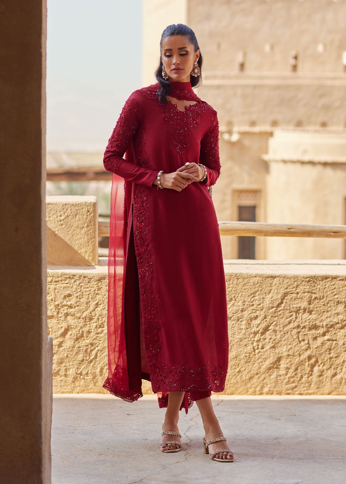 Nour red sleeve embroidery detail - Kanwal Malik