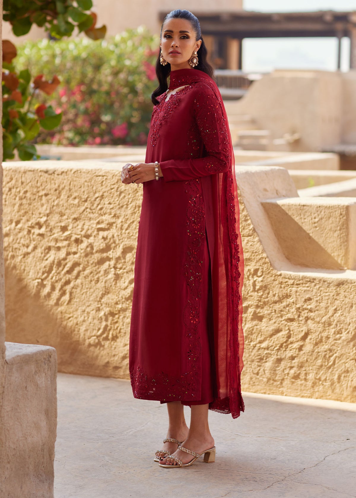 Nour red straight pants detail - Kanwal Malik