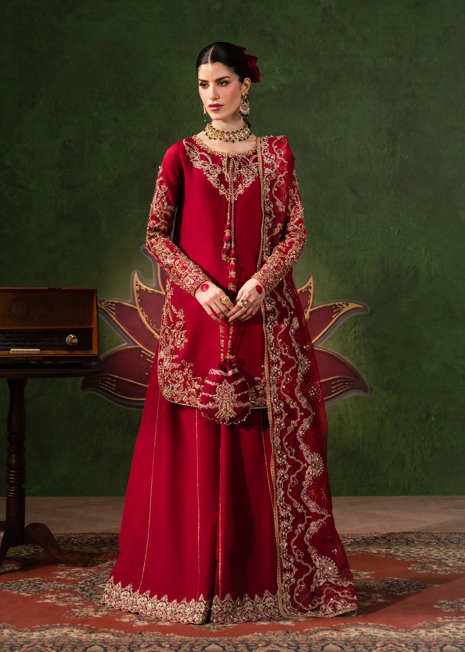 Nuray crimson Korean silk ensemble front view - Kanwal Malik Shehnai Luxury Pret'26