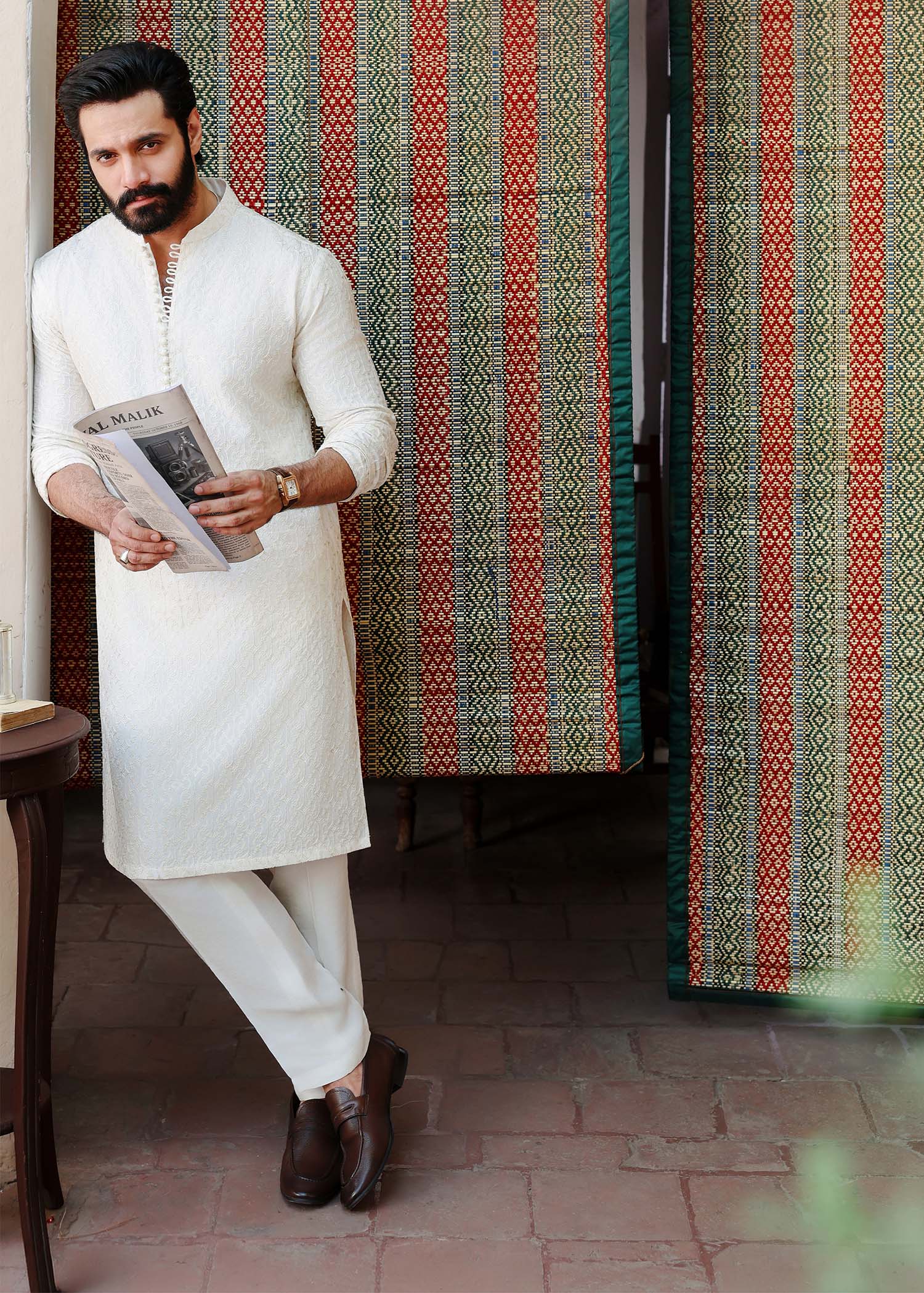 Raamis off-white Jall pattern embroidery detail - Kanwal Malik menswear