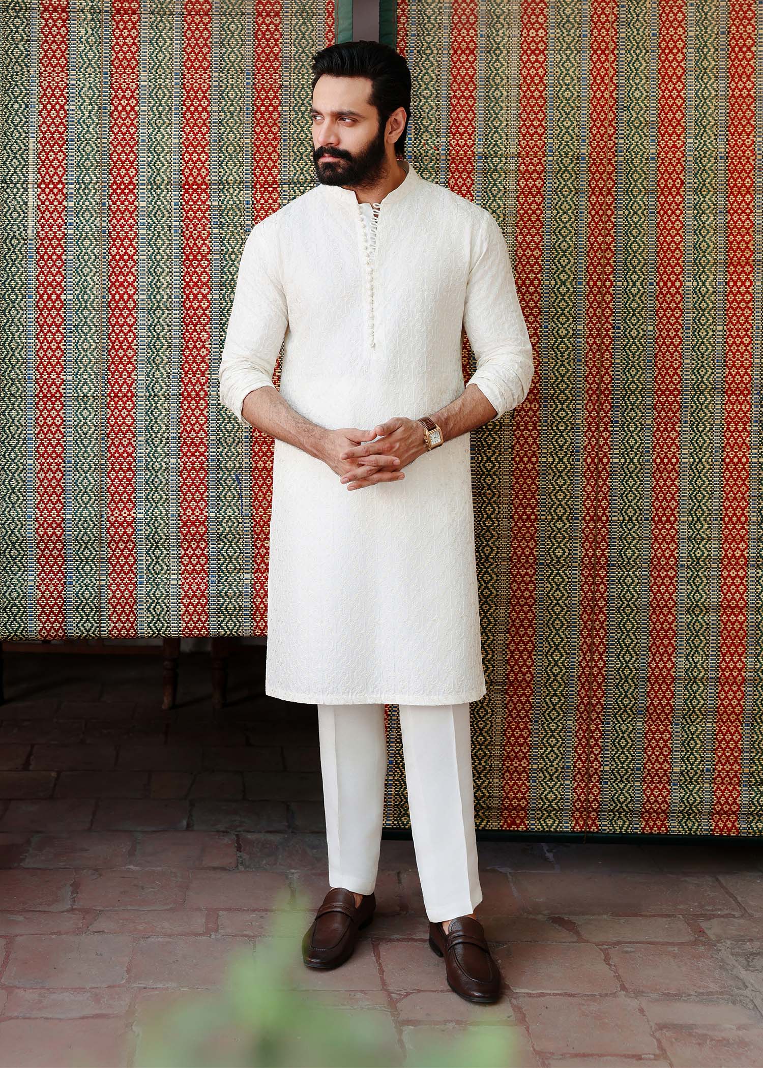 Raamis off-white Korean silk kurta front view - Kanwal Malik menswear