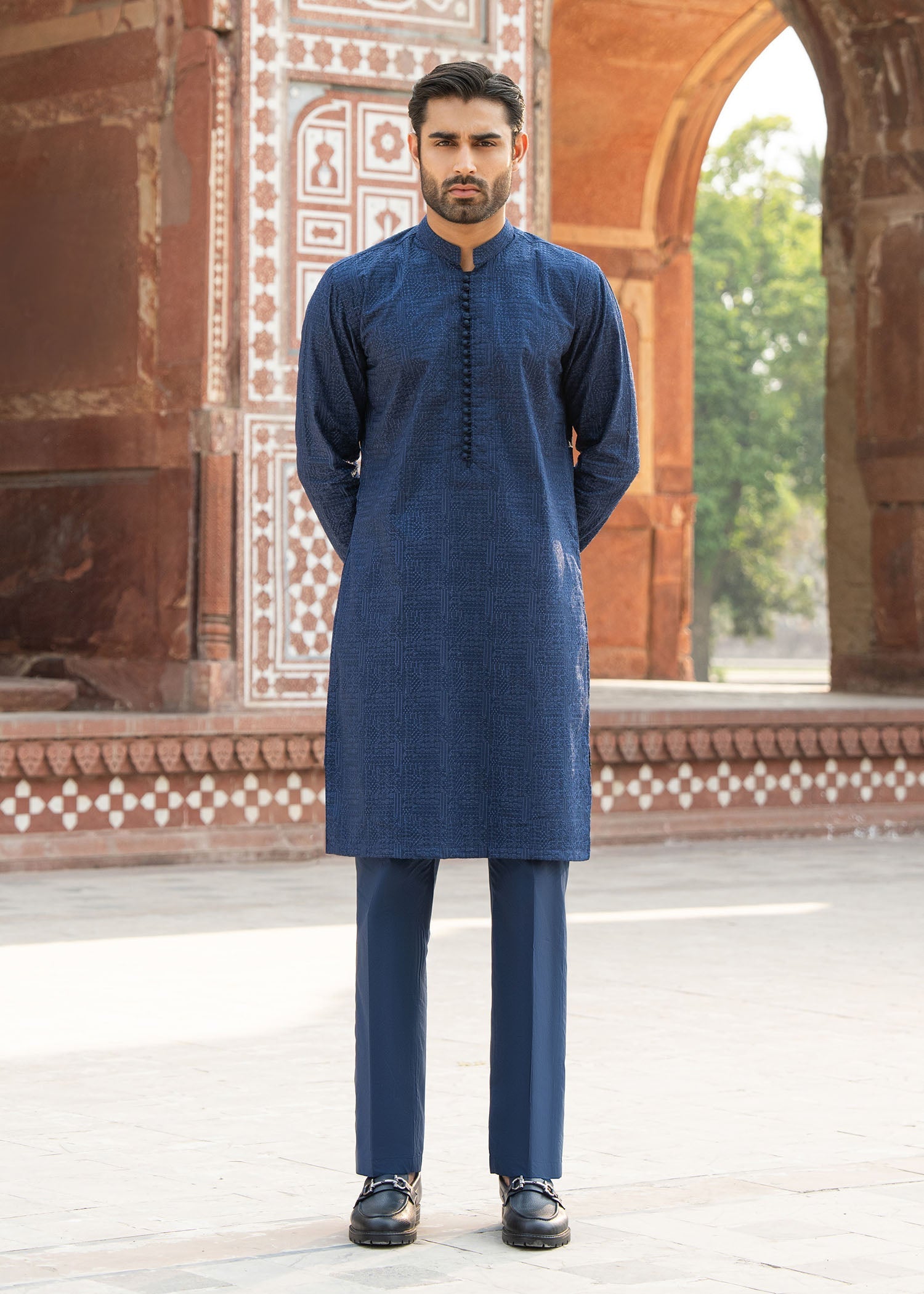 Rameer navy cotton kurta front view - Kanwal Malik menswear