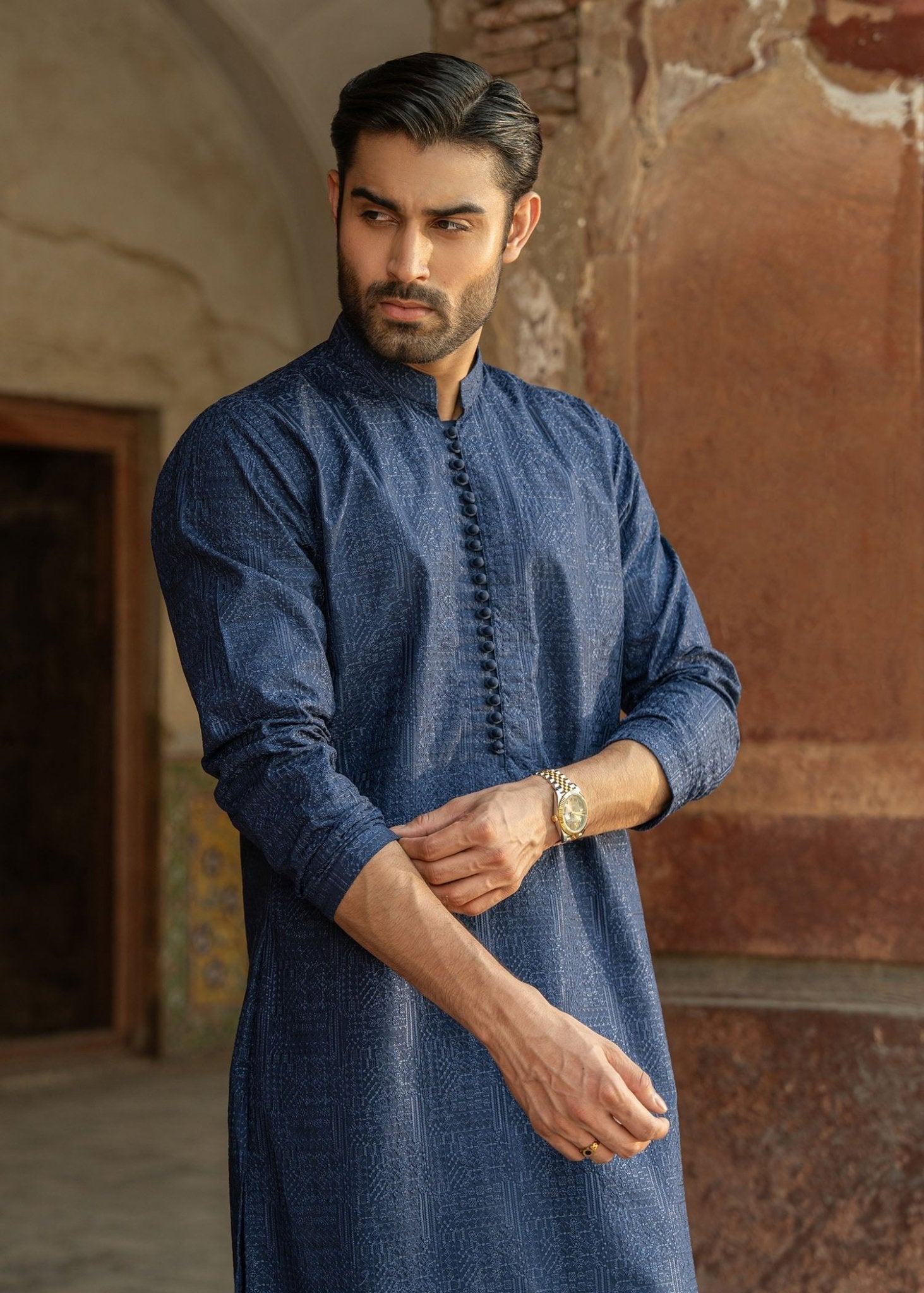 Rameer navy embroidery detail - Kanwal Malik menswear